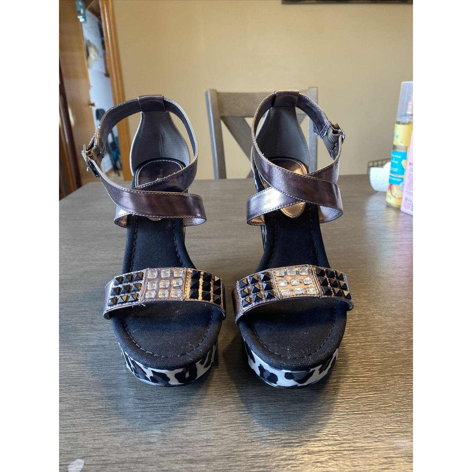 Rhinestone Beaded Velvet Heart Rose Gold Animal Print Platform Espadrill Wedge
